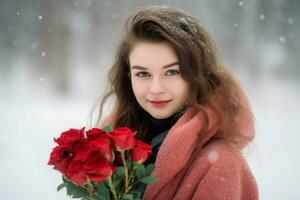 mujer invierno rosas ramo. generar ai foto