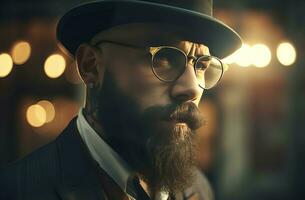Gangster bearded man with glasses. Generate Ai photo