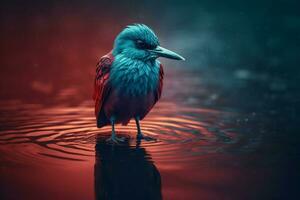 rojo azul pájaro en lago. generar ai foto