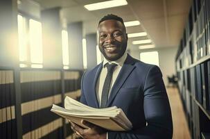 Black man suit work office. Generate Ai photo