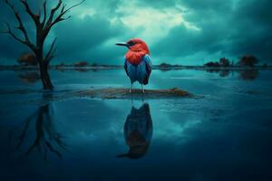 Red blue bird on lake swamp. Generate Ai photo