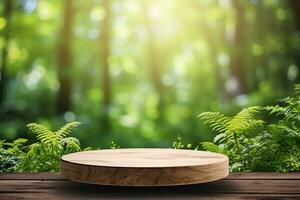 Empty Wooden Tabletop Podium in Garden Open Forest with Blurred Green Plants Background for Organic Product Presentation. AI Generative photo