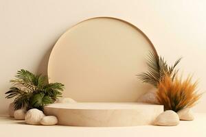 Beige Podium Product Display Presentation with Sandstone and Sandy Colored Plants. AI Generative photo