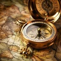 Vintage Gold Compass on Old Map Background. Travel, Adventure, Explore. AI Generative photo