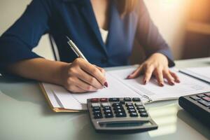 Woman Working with Calculator, Accounting Concept, Tax. AI Generative photo