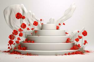 3D White Podium with Red Flowers. Product Display Mockup. AI Generative photo