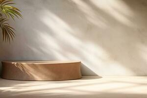 Beige Podium Product Display Presentation with Sandstone and Plants. AI Generative photo