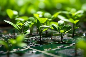 Plant Growing on Circuit Board. Striking Image of the Intersection of Nature and Technology. AI Generative photo