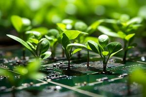 Plant Growing on Circuit Board. Striking Image of the Intersection of Nature and Technology. AI Generative photo