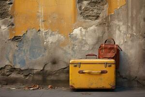 Vintage Suitcase on Old Grunge Wall. Travel Photography. AI Generative photo