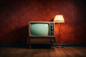 retro antiguo televisión en vacío habitación a noche. ai generativo foto