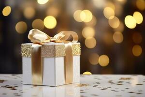 White and Gold Gift Box with Glitter Lights and Bokeh. AI Generative photo