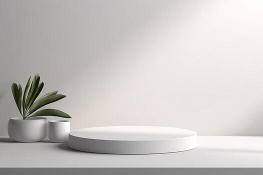 3D White Podium Background with Natural Light and Shadow for Product Promotion and Display. AI Generative photo