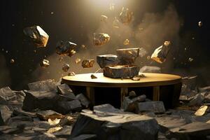 Black Rock Cobblestone Ruins Podium with Golden Nuggets. Elegant Modern 3D Render for Product Display. AI Generative photo