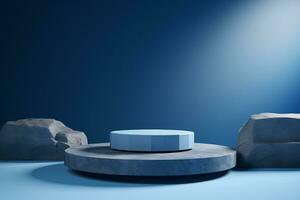 Blue Stone Podium with Blue Floor and Background. AI Generative photo