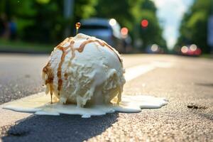 Melting Vanilla Ice Cream on Hot Asphalt. AI Generative photo