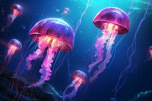 Bioluminescent Jellyfish Light Up the Night. A Magical and Surreal Sight. AI Generative photo