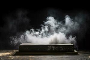 oscuro Roca podio con fumar, 3d ilustración de producto mostrar. ai generativo foto