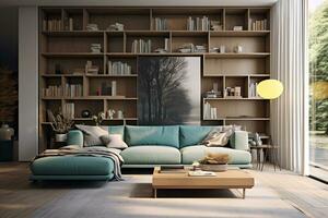 Modern Living Room with Aqua Sofa and Gray Bookshelf. AI Generative photo