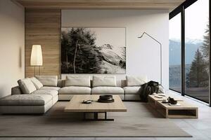 Modern Minimalist Living Room with Comfortable Couch and Stylish Table. AI Generative photo