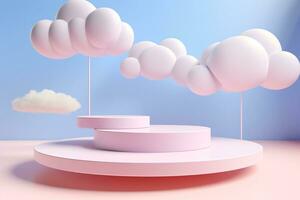 3D White Cloud Podium on Blue Background. AI Generative photo