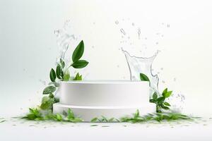 3D White Podium with Green Leaves and Water Splash. AI Generative photo