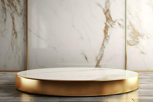 3D Gold and White Marble Display Podium in Luxury Room. AI Generative photo