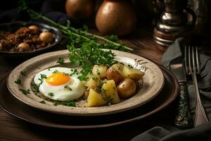 Fried Eggs and Potatoes on a Dining Table. AI Generative photo