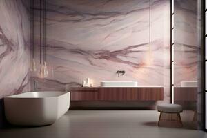 Luxurious Minimalist Bathroom with Pearlescent Marble Countertops and Bathtub. AI Generative photo