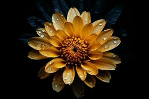 amarillo flor en negro antecedentes. un tiro del estudio macro de un zinnia. ai generativo foto