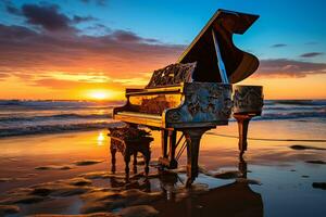majestuoso piano soportes solo en escénico playa a puesta de sol. ai generativo foto