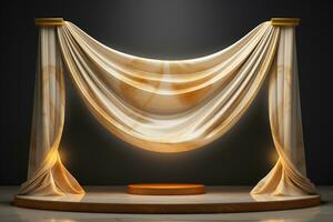 3D Marble Podium with Pole and Curtain on Black Background. AI Generative photo
