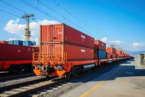 AI generated Railway cars with containers for transporting goods at the railway station, logistics. Generated by artificial intelligence photo