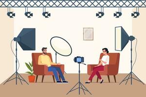 Shooting interview in professional studio. Soft box light, camera, spotlight. Professional equipment for video shooting. Two people having conversation on camera, making content. Vector illustration.