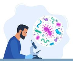 Man Scientist, microbiology researcher with microscope. Microbiologist study various bacteria, pathogenic microorganisms. Bacteria and germs in a circle. Vector illustration.