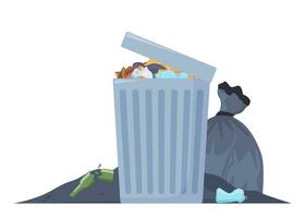 Overflowing trash can. Food garbage in waste bin with nasty smell. Rubbish dump and trash recycling, black bags with trash. Vector illustration.