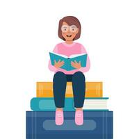 Girl sitting on the stack of books and reading book. Knowledge, creativity, discoveries. Educational banner. Back to school. Vector illustration.