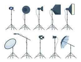 Different types of professional lighting equipment for blogging, vlogging and studio photo and video. Vector illustration.