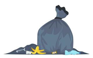 Big heap of trash and waste bag. Garage dump with mountain of trash and waste bag, disgusting heap of household waste, environmental pollution. Vector illustration.