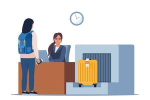 Passenger at international airport check in desk counter gate with weighting luggage belt, security check point, metal detector, x-ray scanner. Passenger and baggage check-in. Vector illustration.