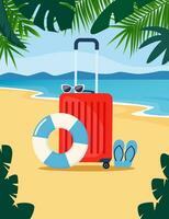 Red travel suitcase on tropical beach. Sunglasses, inflatable circle, rubber beach slippers. Travel concept. Summer vacation. Vector illustration.