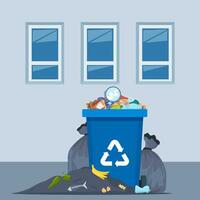 Overflowing trash can. Food garbage in waste bin with nasty smell. Rubbish dump and trash recycling, black bags with trash. Vector illustration.