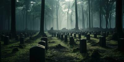 un cementerio para el muerto con filas de sagrado lápidas cada firmar dice un historia. el concepto de el legado de esos perdido en guerra por generativo ai. foto