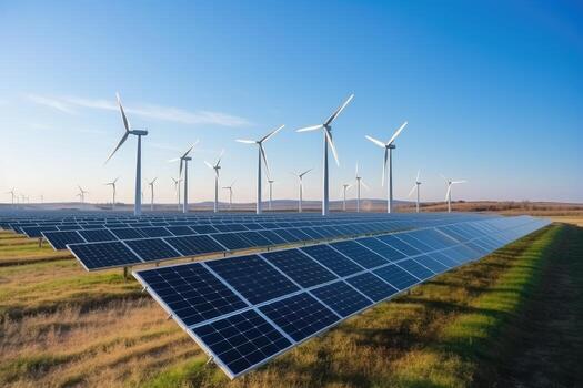 Creating sustainable energy using solar panels and wind farms is enterprise friendly. The concept of clean and sustainable development. Generative AI photo