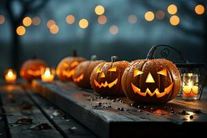 One scary Halloween pumpkin Jack O'Lantern There were evil faces and eyes on the wooden bench. Table with misty background with space for products by generative ai. photo