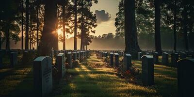 un cementerio para el muerto con filas de sagrado lápidas cada firmar dice un historia. el concepto de el legado de esos perdido en guerra por generativo ai. foto