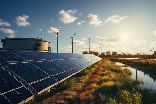 Creating sustainable energy using solar panels and wind farms is enterprise friendly. The concept of clean and sustainable development. Generative AI photo