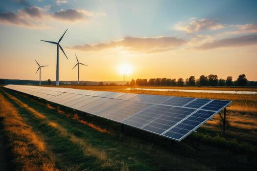 Creating sustainable energy using solar panels and wind farms is enterprise friendly. The concept of clean and sustainable development. Generative AI photo