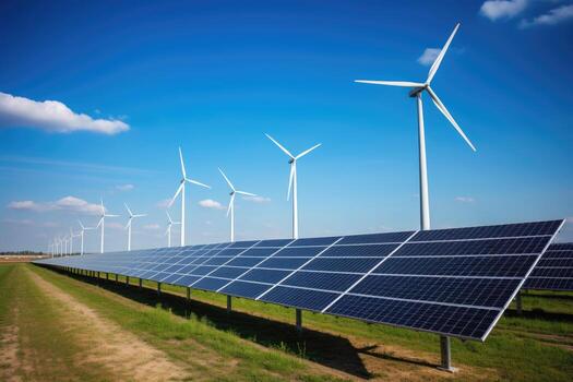 Creating sustainable energy using solar panels and wind farms is enterprise friendly. The concept of clean and sustainable development. Generative AI photo