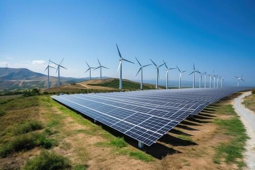 Creating sustainable energy using solar panels and wind farms is enterprise friendly. The concept of clean and sustainable development. Generative AI photo